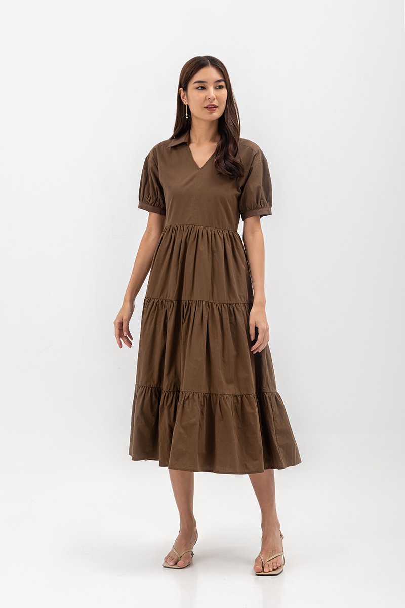 MONROE COLLARED TIERED MIDI DRESS