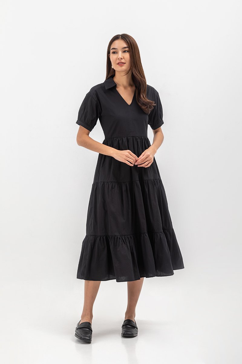 MONROE COLLARED TIERED MIDI DRESS