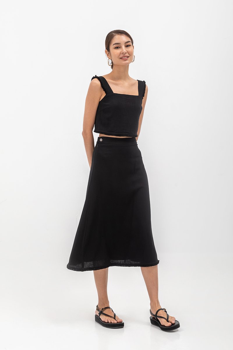 CAYLA RAW HEM FLARE MIDI SKIRT