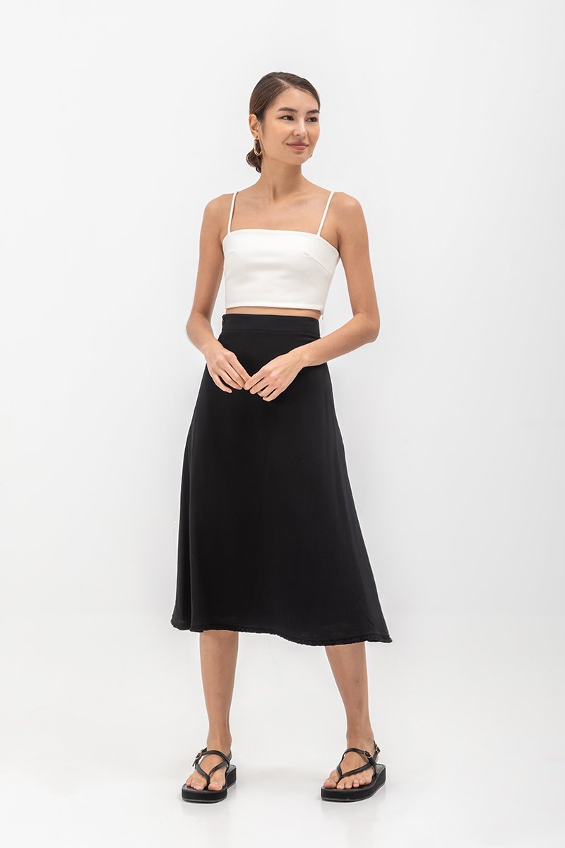 CAYLA RAW HEM FLARE MIDI SKIRT