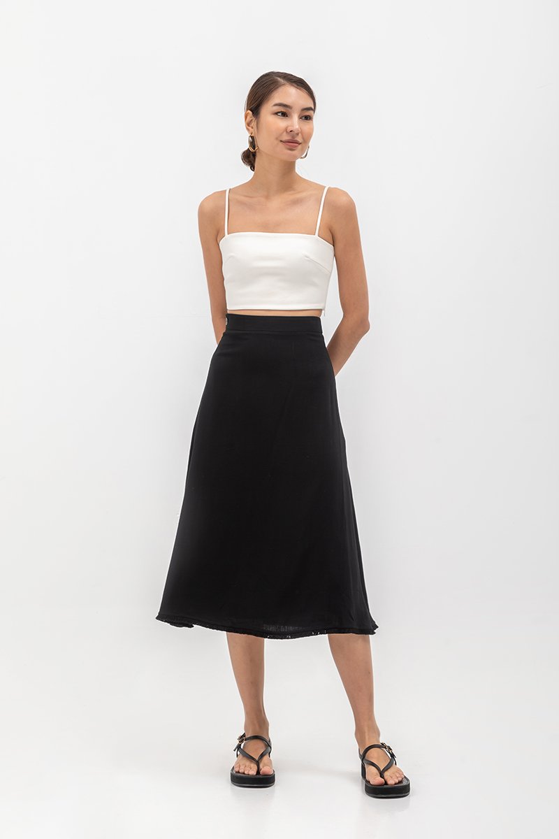 CAYLA RAW HEM FLARE MIDI SKIRT