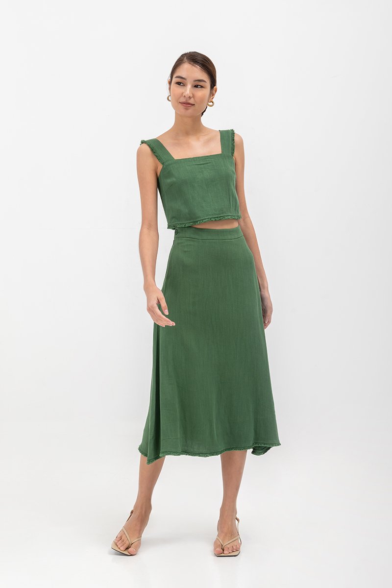 CAYLA RAW HEM FLARE MIDI SKIRT