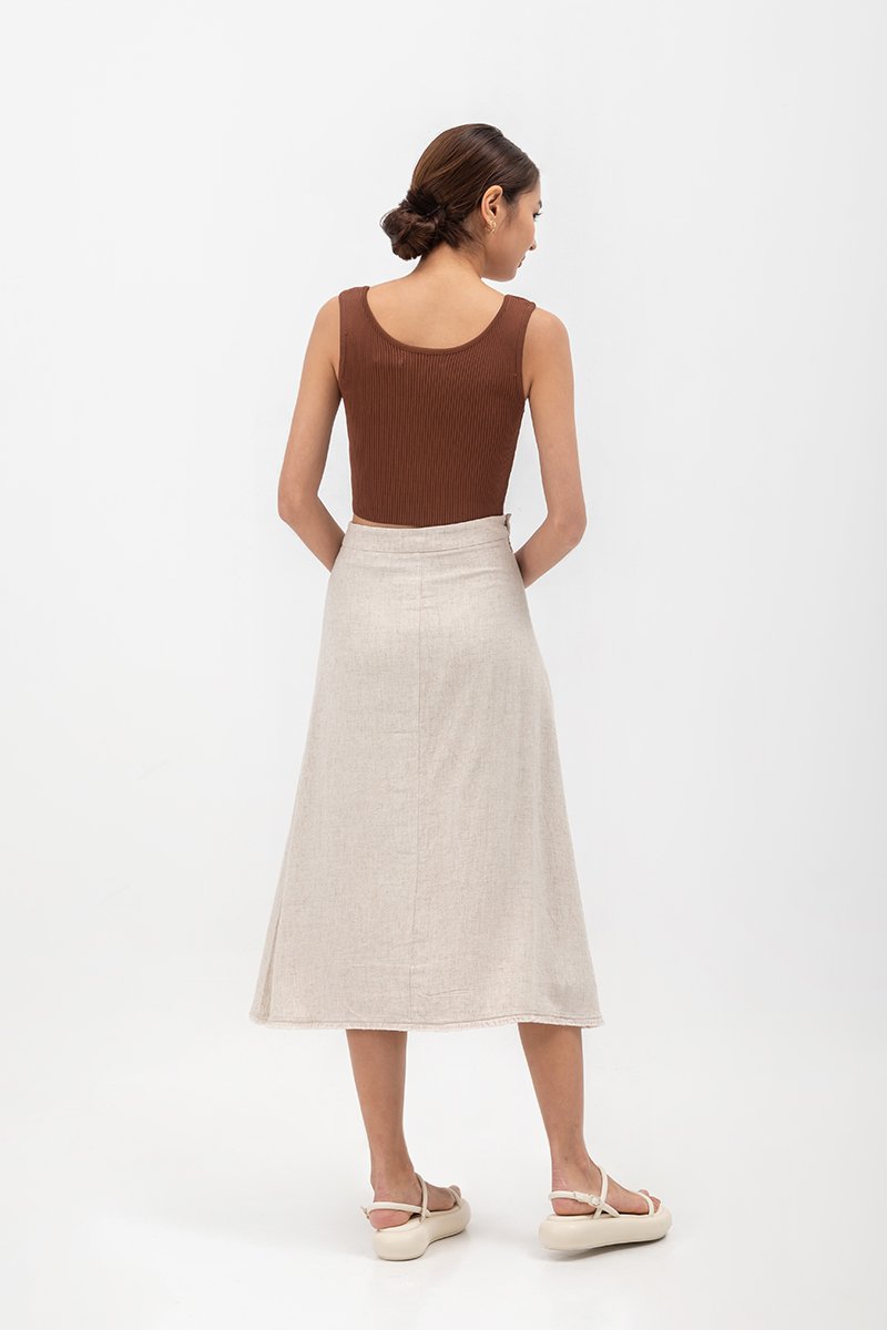 CAYLA RAW HEM FLARE MIDI SKIRT