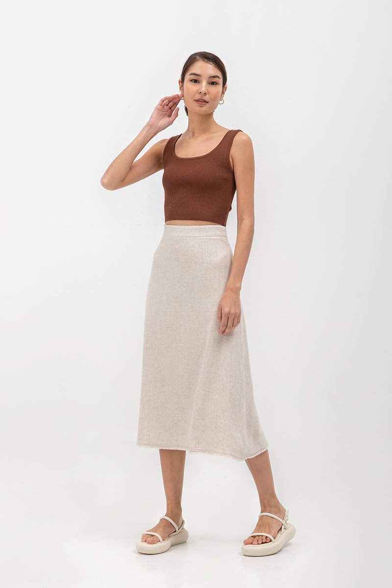 CAYLA RAW HEM FLARE MIDI SKIRT