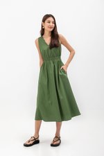 GEORGINA COTTON V NECK ELASTIC WAIST MIDI DRESS GEORGINA COTTON V NECK ELASTIC WAIST MIDI DRESS