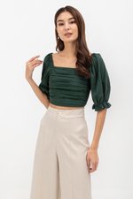 EVANGELINA PLEATED PUFF SLEEVE LINEN CROP TOP