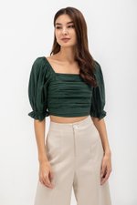 EVANGELINA PLEATED PUFF SLEEVE LINEN CROP TOP