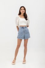 EVANGELINA PLEATED PUFF SLEEVE LINEN CROP TOP
