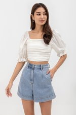 EVANGELINA PLEATED PUFF SLEEVE LINEN CROP TOP