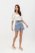 EVANGELINA PLEATED PUFF SLEEVE LINEN CROP TOP