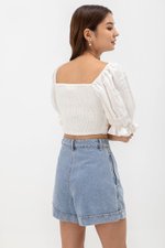 EVANGELINA PLEATED PUFF SLEEVE LINEN CROP TOP