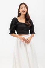 EVANGELINA PLEATED PUFF SLEEVE LINEN CROP TOP