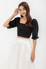 EVANGELINA PLEATED PUFF SLEEVE LINEN CROP TOP