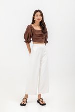 EVANGELINA PLEATED PUFF SLEEVE LINEN CROP TOP