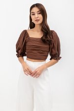 EVANGELINA PLEATED PUFF SLEEVE LINEN CROP TOP