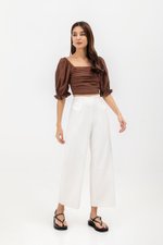 EVANGELINA PLEATED PUFF SLEEVE LINEN CROP TOP