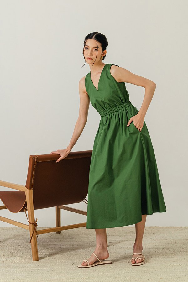 GEORGINA COTTON V NECK ELASTIC WAIST MIDI DRESS
