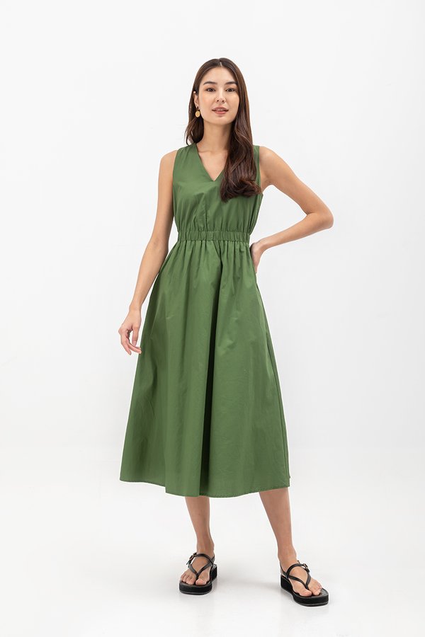 GEORGINA COTTON V NECK ELASTIC WAIST MIDI DRESS