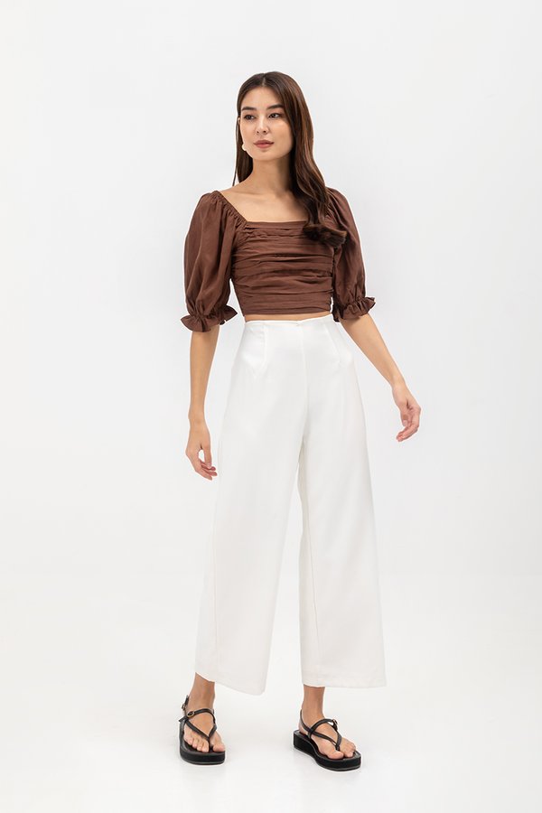 EVANGELINA PLEATED PUFF SLEEVE LINEN CROP TOP
