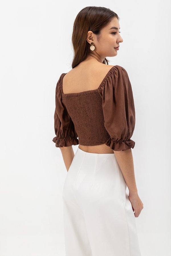 EVANGELINA PLEATED PUFF SLEEVE LINEN CROP TOP