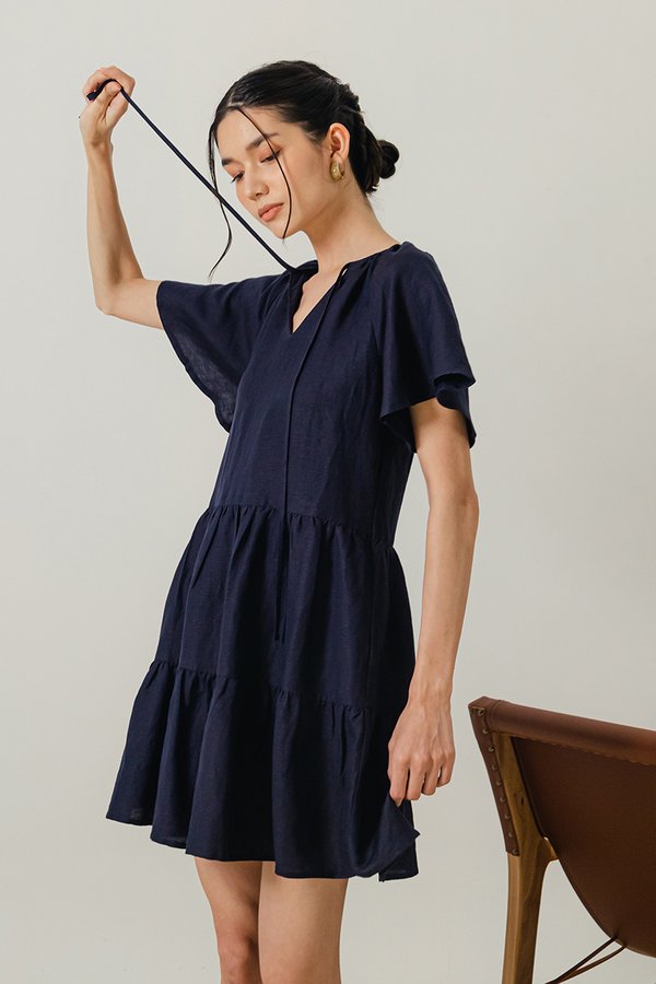 SHIRA FLUTTER SLEEVE TIERED LINEN MINI DRESS