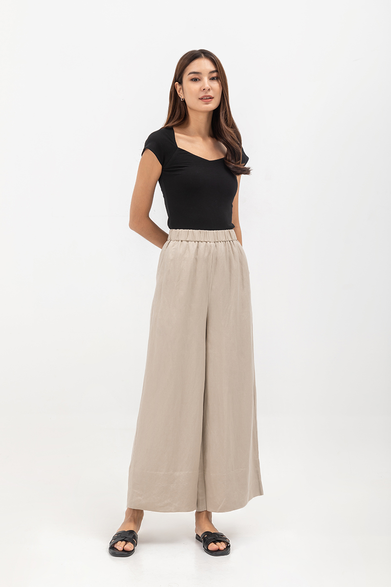 HARPER ELASTIC WAISTBAND WIDE LEG LINEN PANTS