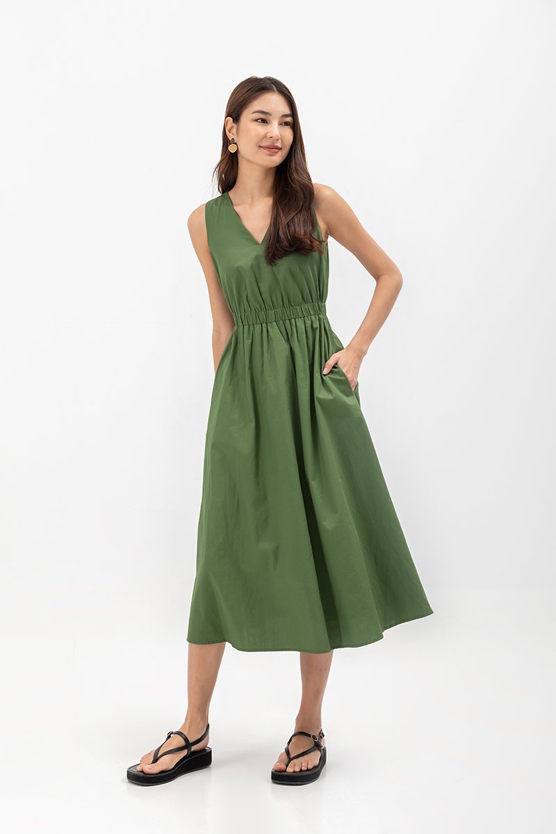 GEORGINA COTTON V NECK ELASTIC WAIST MIDI DRESS