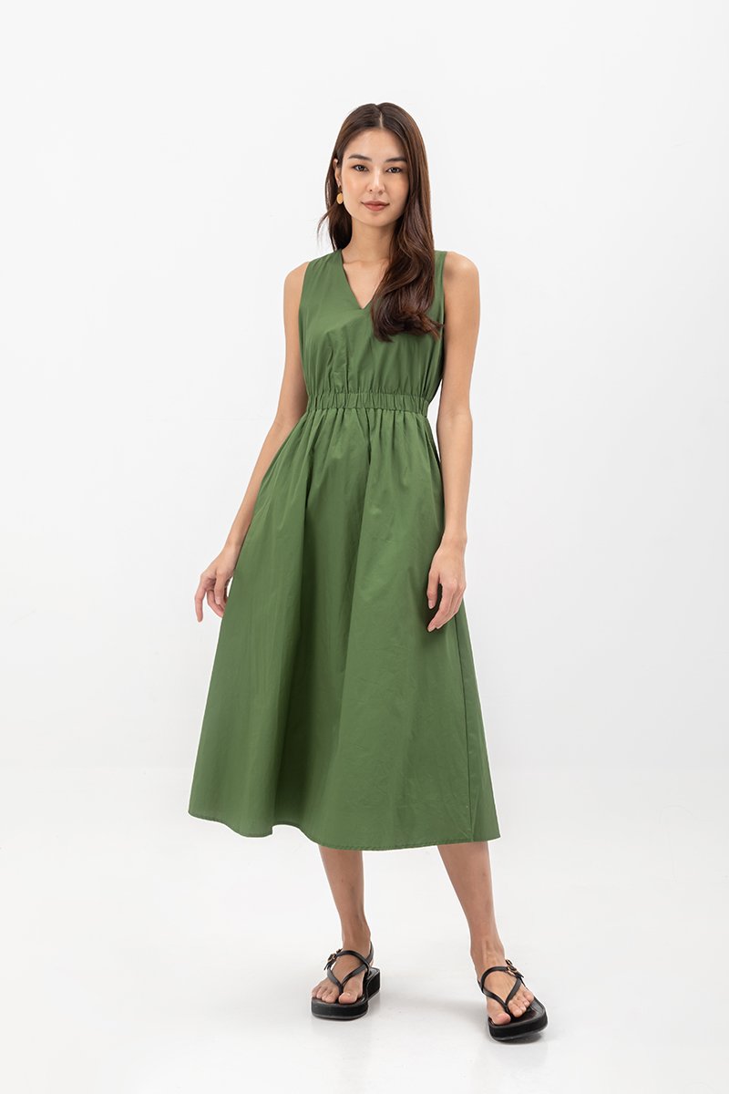 GEORGINA COTTON V NECK ELASTIC WAIST MIDI DRESS