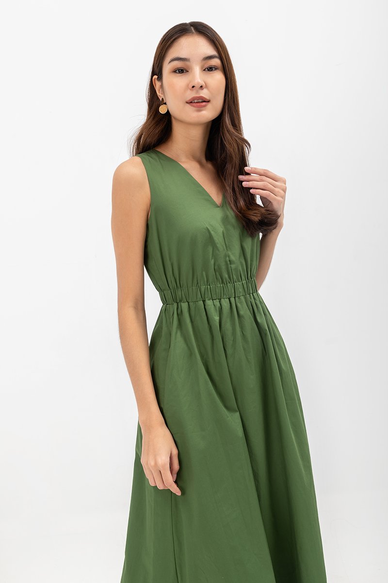 GEORGINA COTTON V NECK ELASTIC WAIST MIDI DRESS