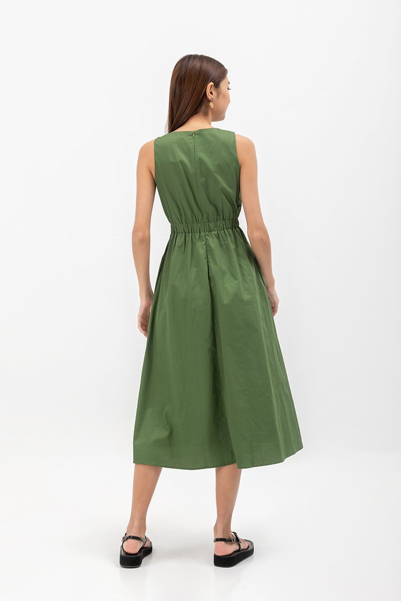 GEORGINA COTTON V NECK ELASTIC WAIST MIDI DRESS