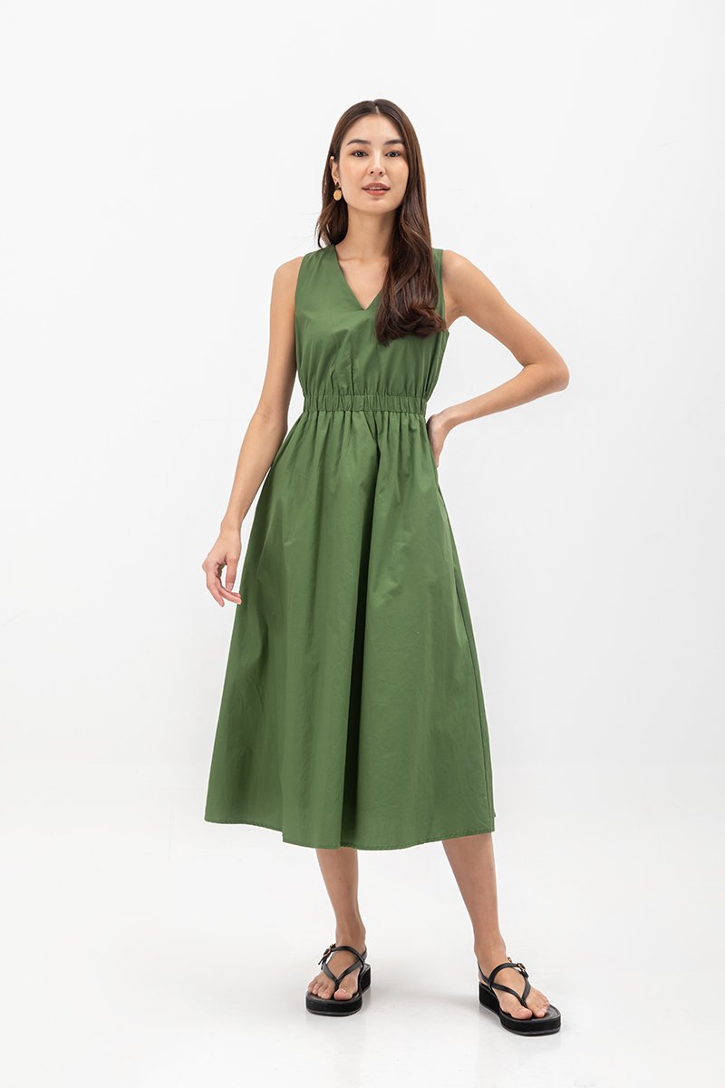 GEORGINA COTTON V NECK ELASTIC WAIST MIDI DRESS