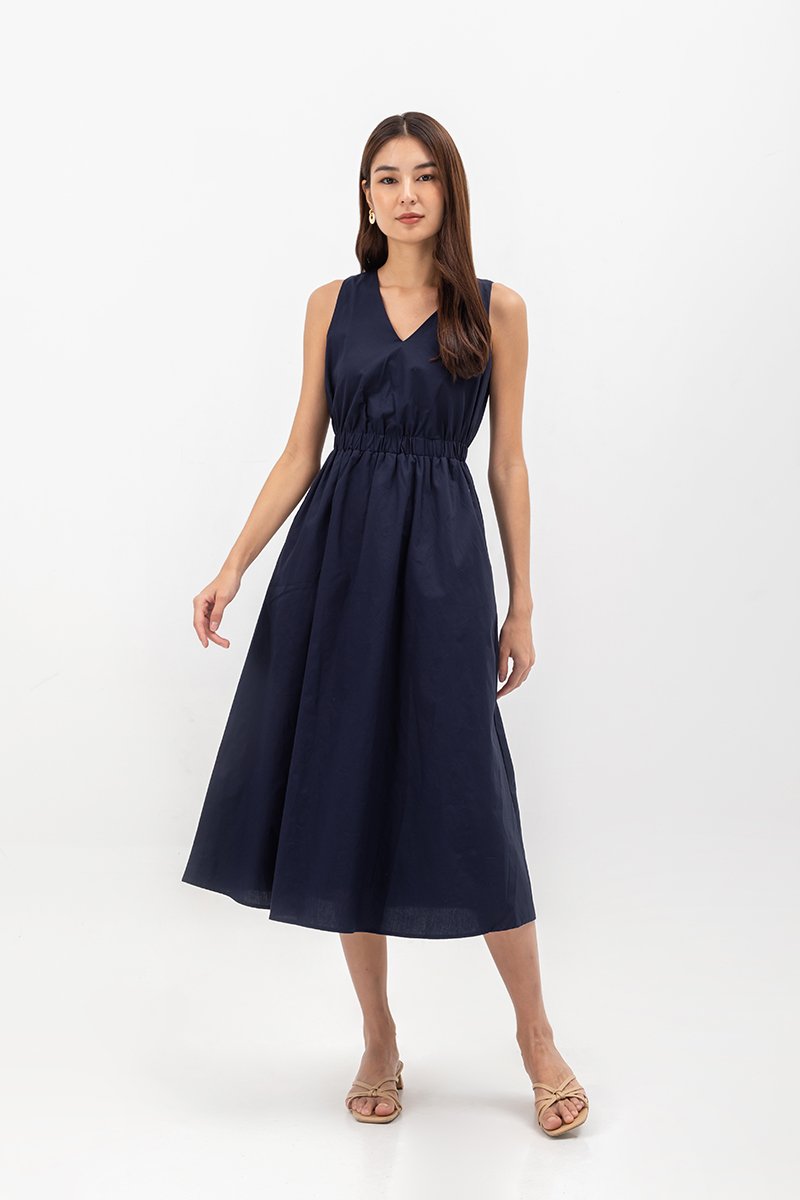 GEORGINA COTTON V NECK ELASTIC WAIST MIDI DRESS