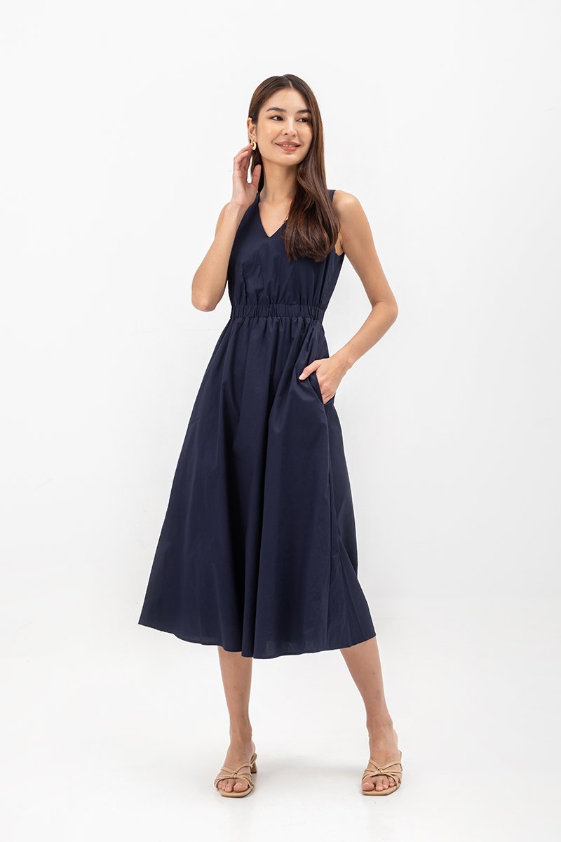 GEORGINA COTTON V NECK ELASTIC WAIST MIDI DRESS