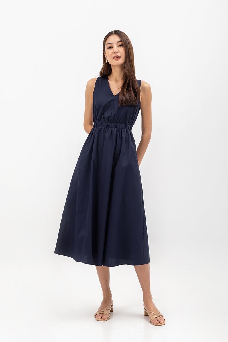 GEORGINA COTTON V NECK ELASTIC WAIST MIDI DRESS