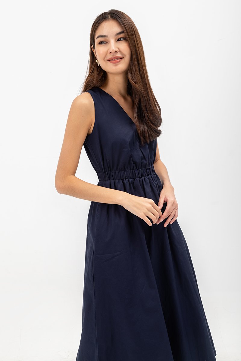 GEORGINA COTTON V NECK ELASTIC WAIST MIDI DRESS