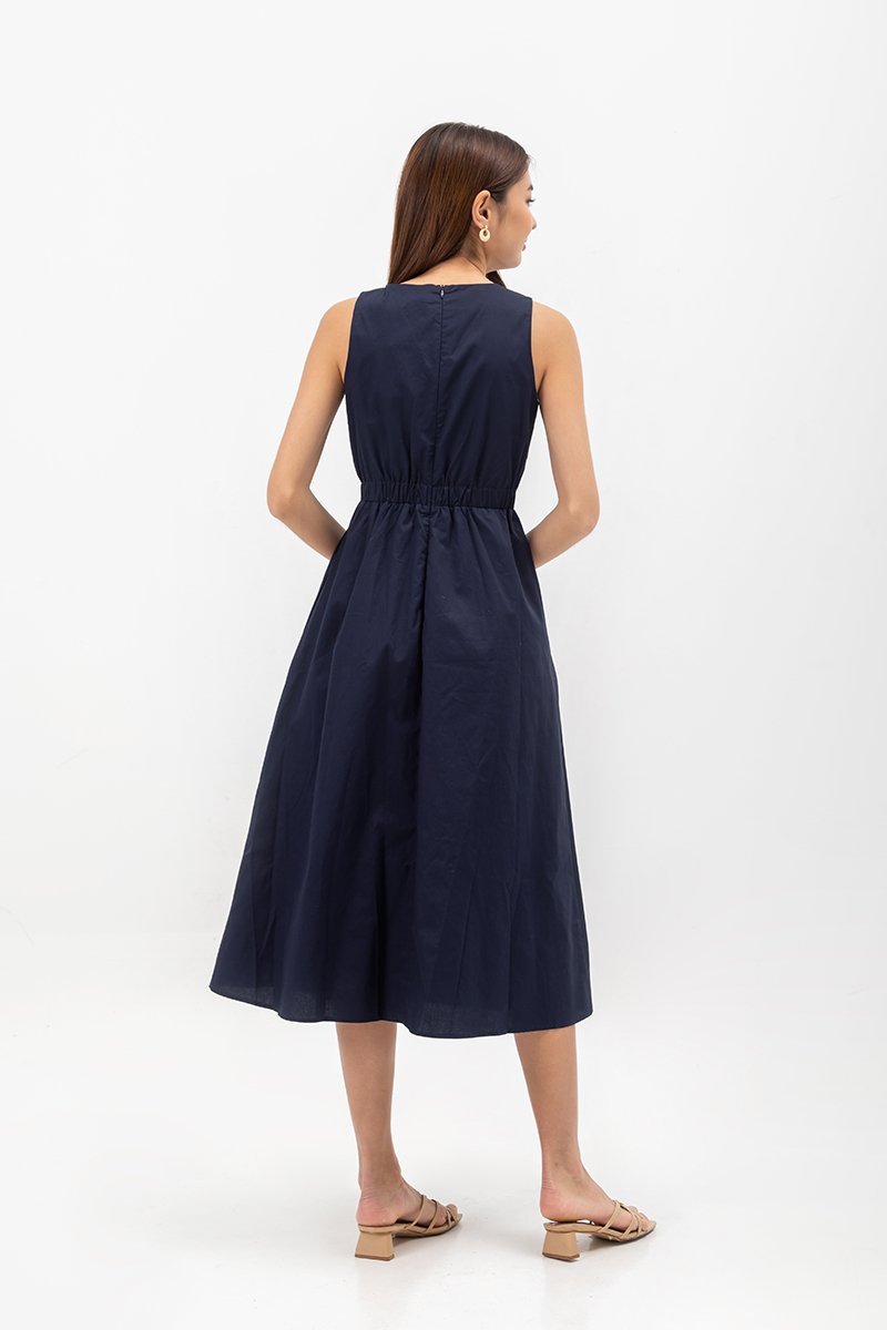 GEORGINA COTTON V NECK ELASTIC WAIST MIDI DRESS