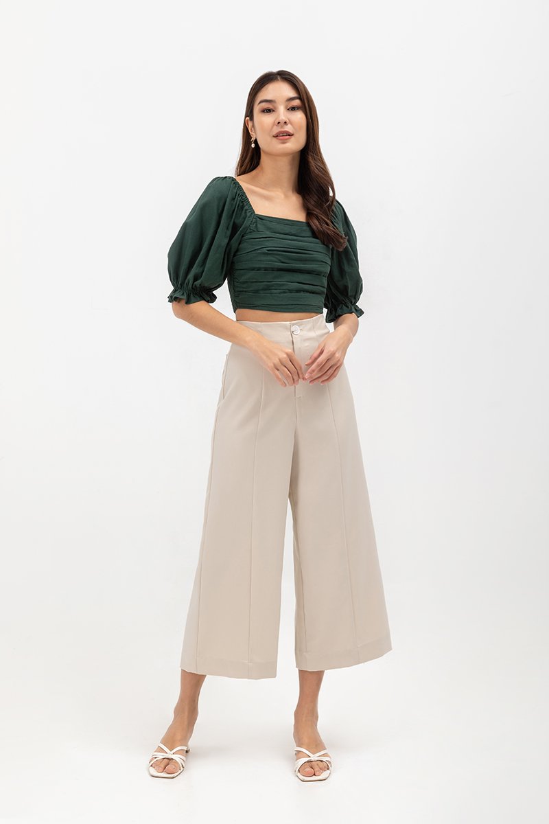 EVANGELINA PLEATED PUFF SLEEVE LINEN CROP TOP