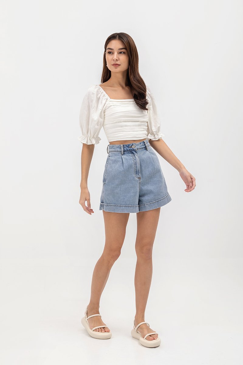 EVANGELINA PLEATED PUFF SLEEVE LINEN CROP TOP