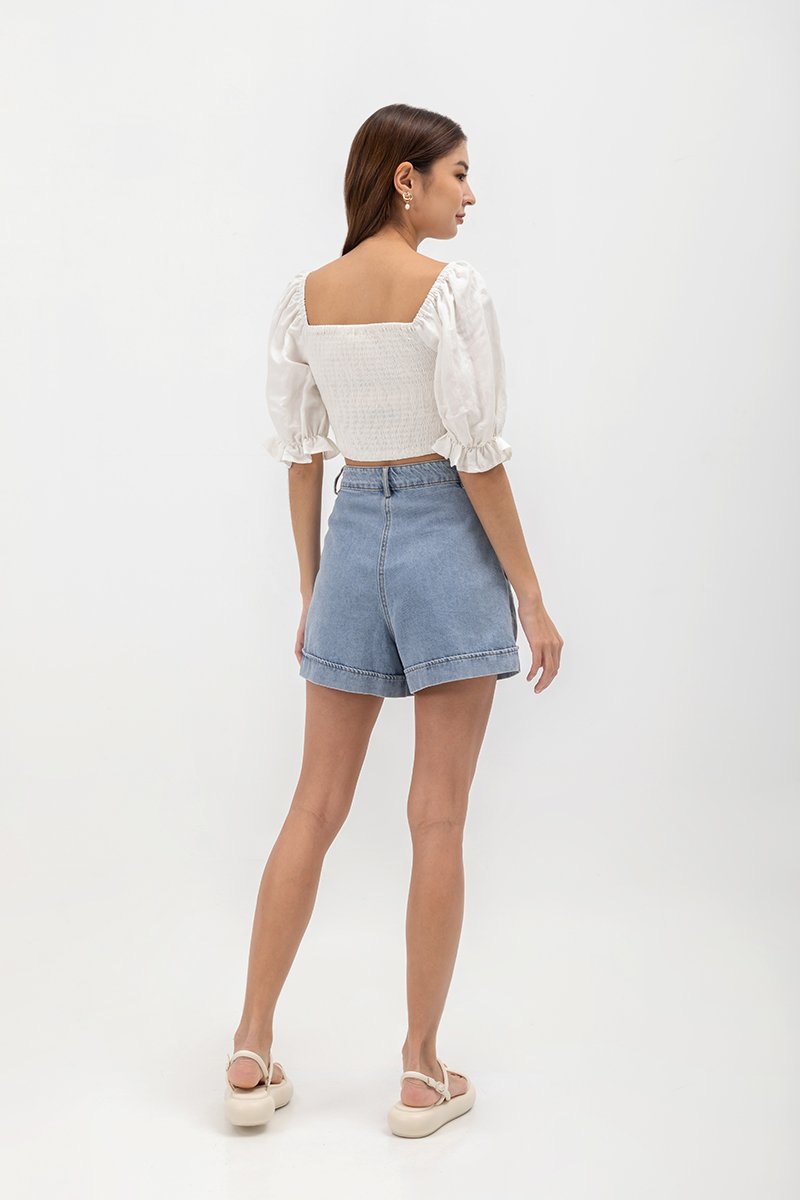 EVANGELINA PLEATED PUFF SLEEVE LINEN CROP TOP