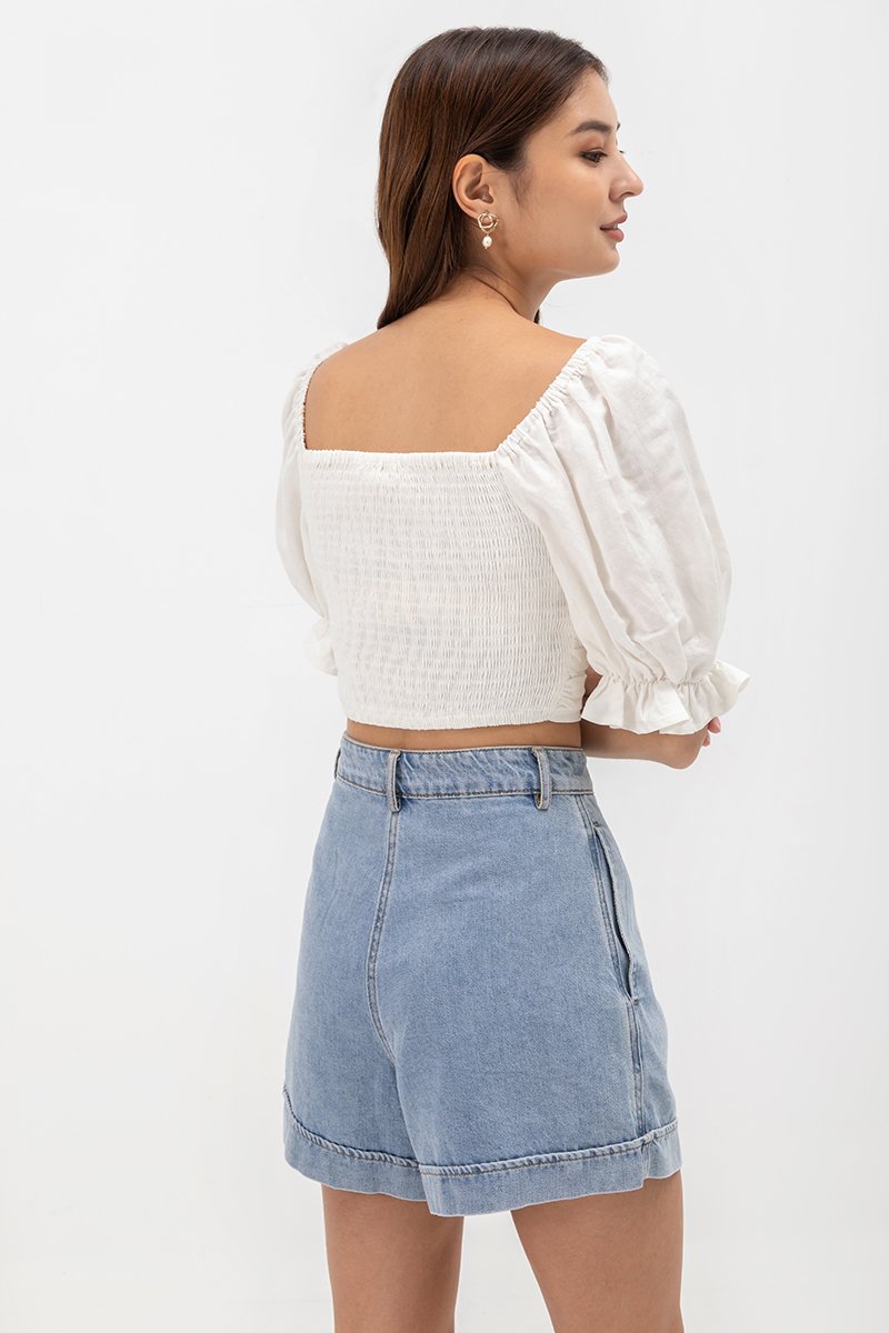 EVANGELINA PLEATED PUFF SLEEVE LINEN CROP TOP
