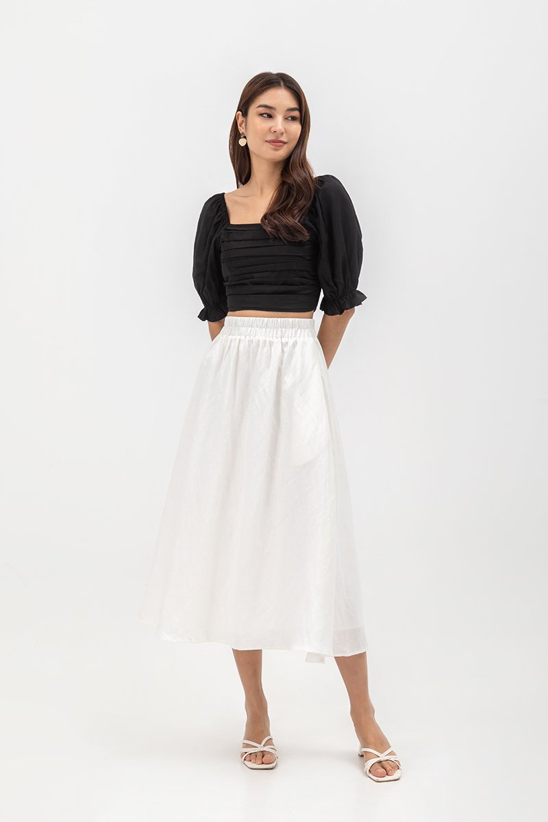 EVANGELINA PLEATED PUFF SLEEVE LINEN CROP TOP