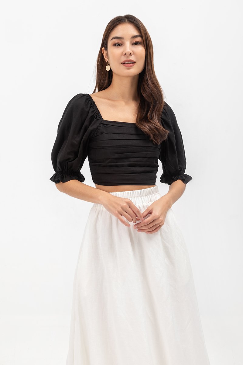 EVANGELINA PLEATED PUFF SLEEVE LINEN CROP TOP
