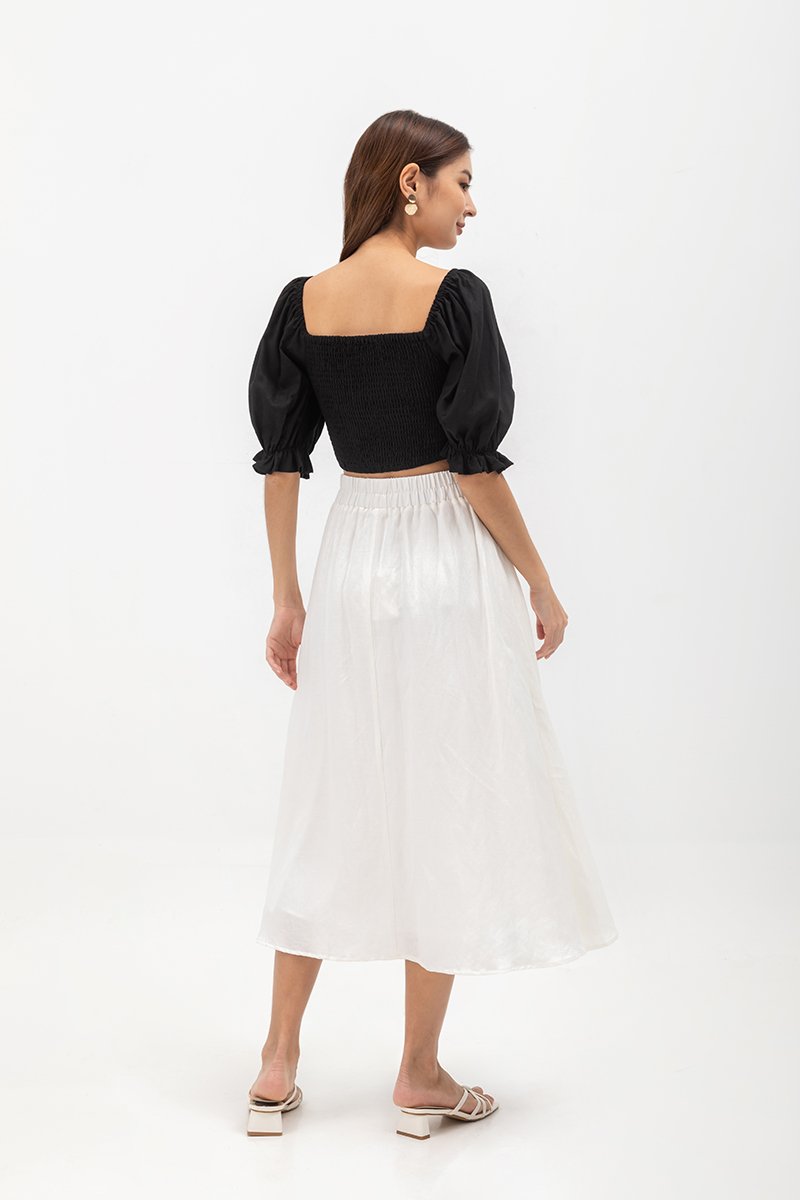 EVANGELINA PLEATED PUFF SLEEVE LINEN CROP TOP