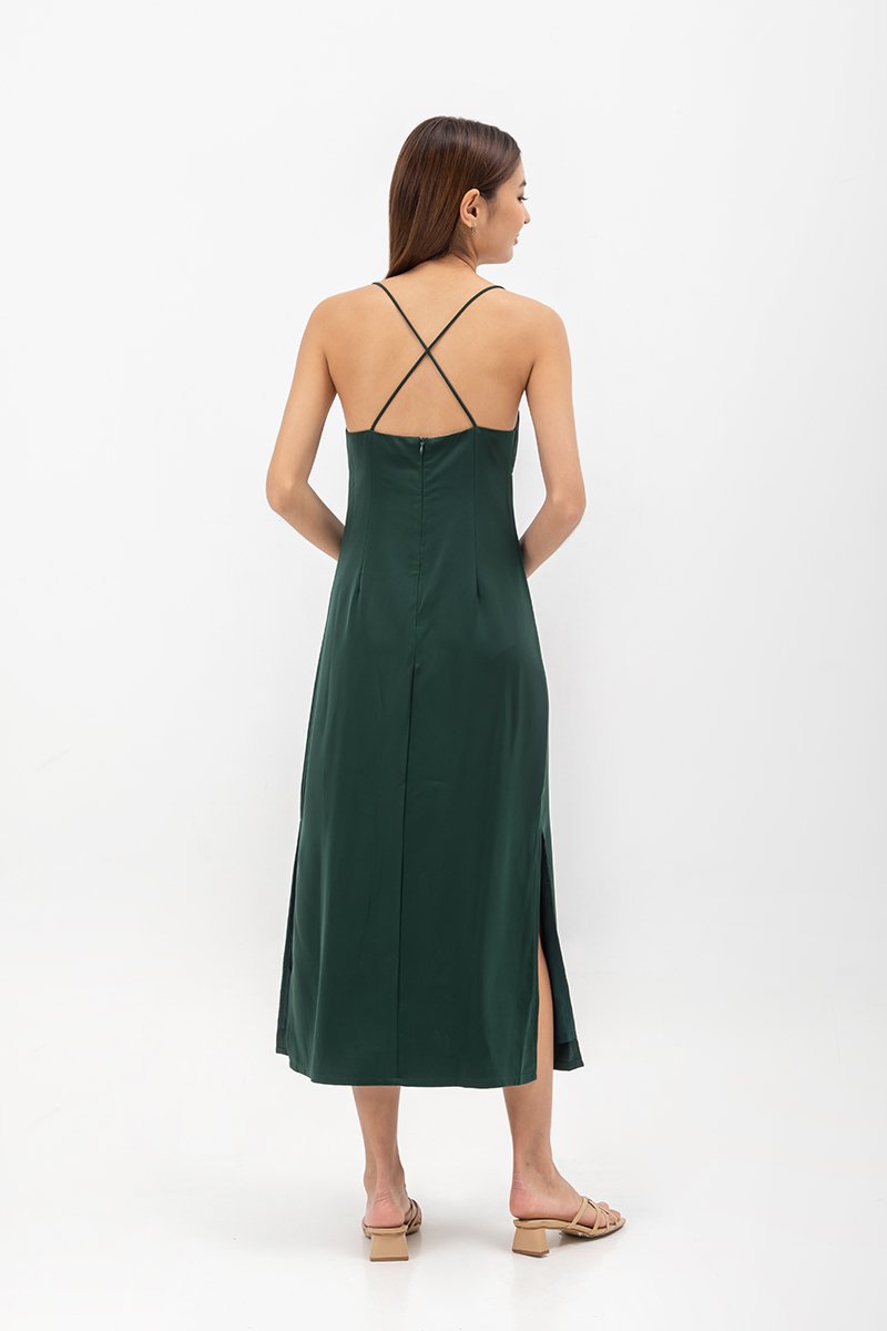 SERENA CROSSBACK SATIN MIDI DRESS