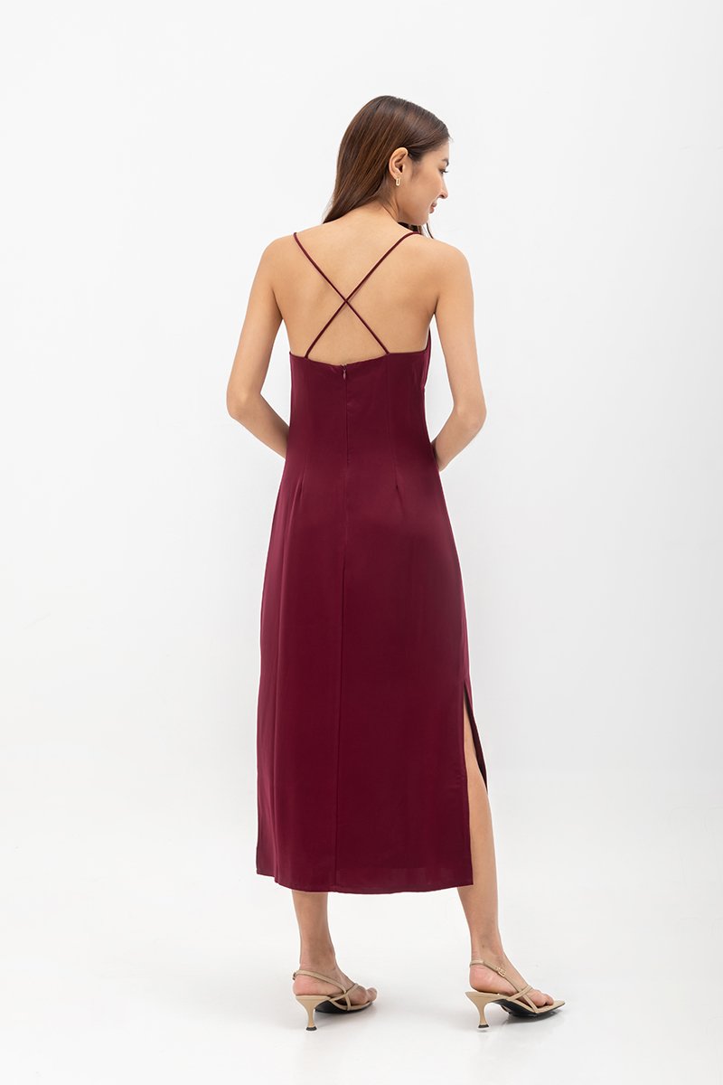 SERENA CROSSBACK SATIN MIDI DRESS