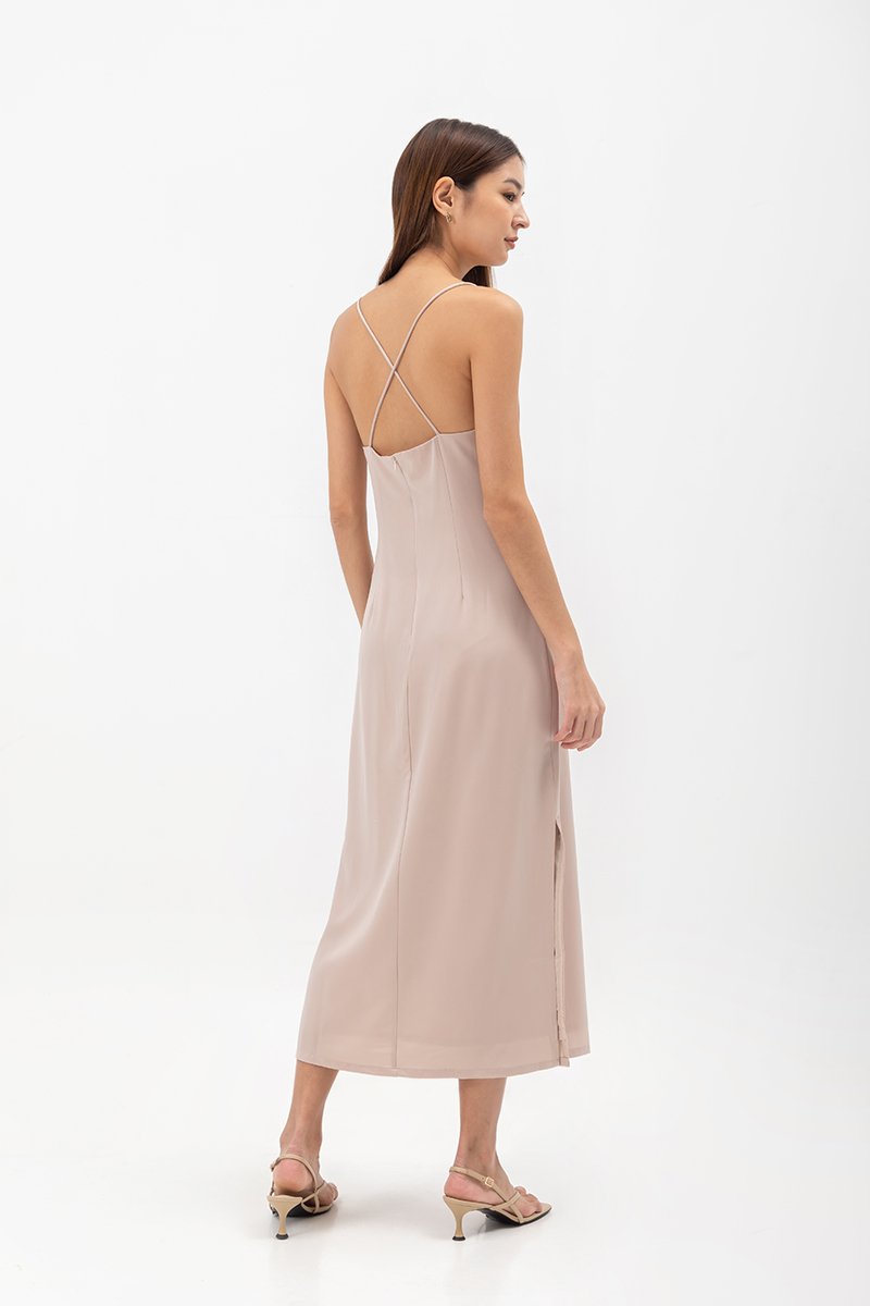 SERENA CROSSBACK SATIN MIDI DRESS