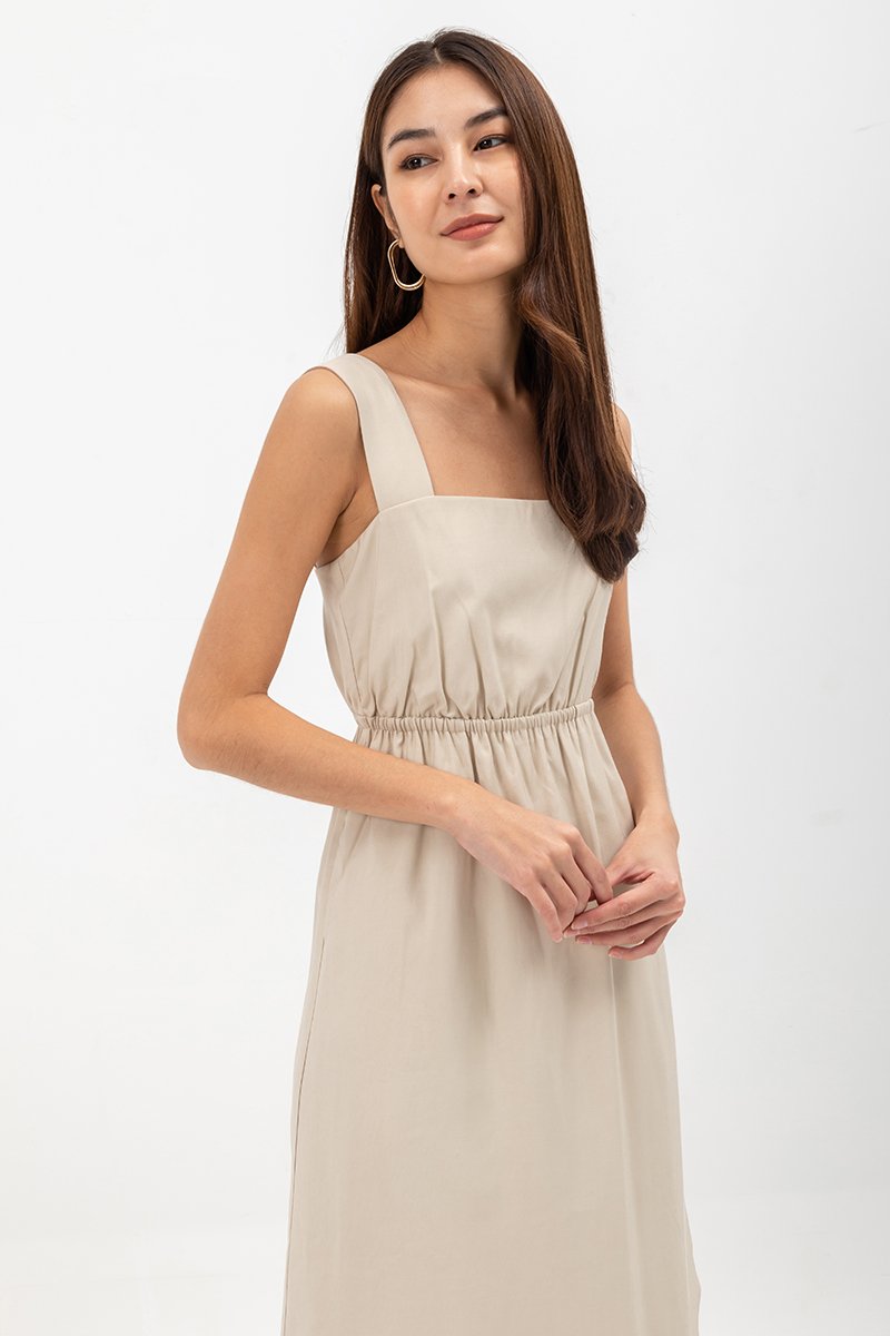 ELINA SQUARENECK ELASTIC WAISTBAND MIDI DRESS