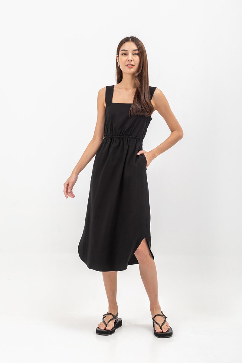 ELINA SQUARENECK ELASTIC WAISTBAND MIDI DRESS