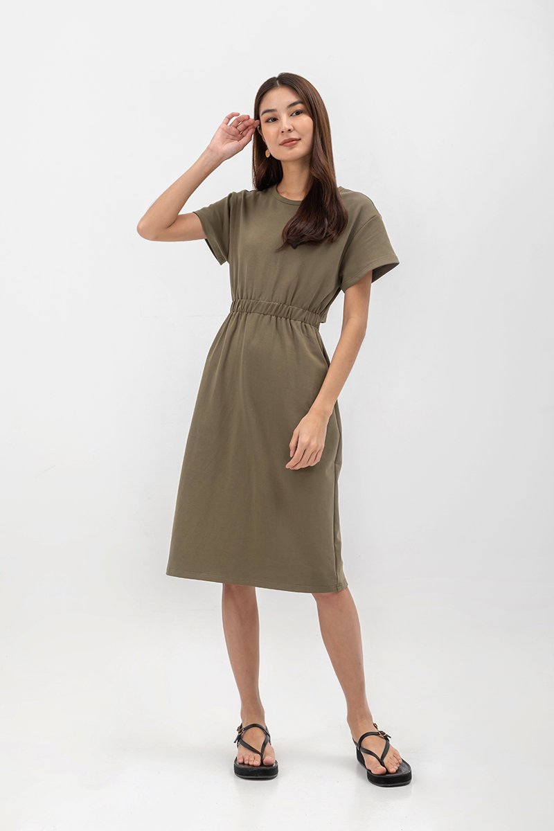 LEILANI ELASTIC BACK MIDI JERSEY DRESS