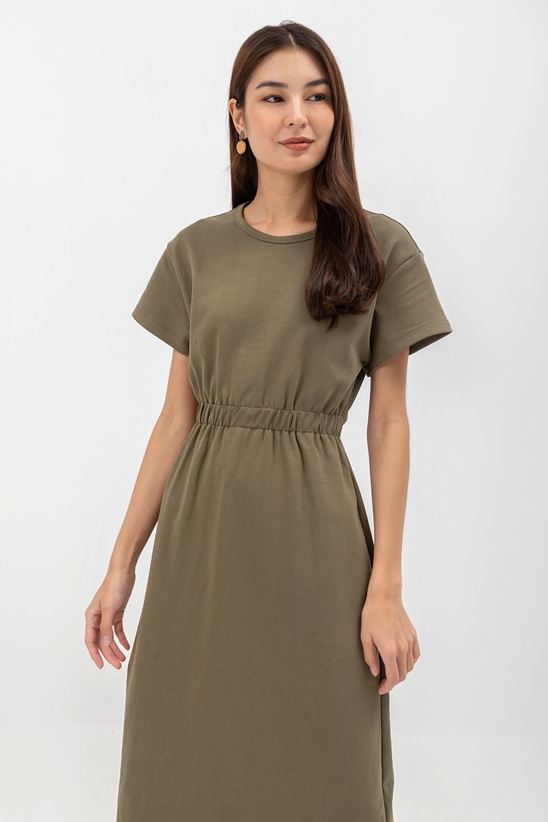 LEILANI ELASTIC BACK MIDI JERSEY DRESS